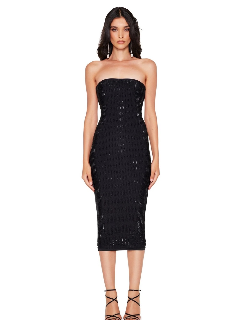 Nookie Adriana Midi Dress Black Rhinestone Strapless Jersey Bodycon Size Medium